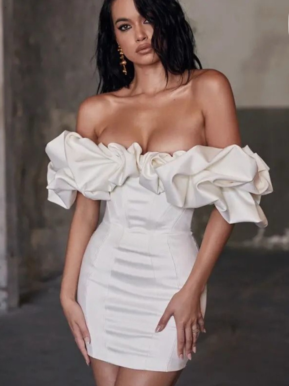 House of CB Selena Dress - Off-Shoulder Ruffle Mini Dress in Cream